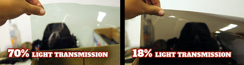 Clear window tinting film of 70% shown against 18% dark window tinting film