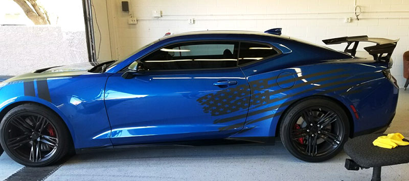 Blue Camaro ZL1 with Custom Vinyl Decals in Matte Black