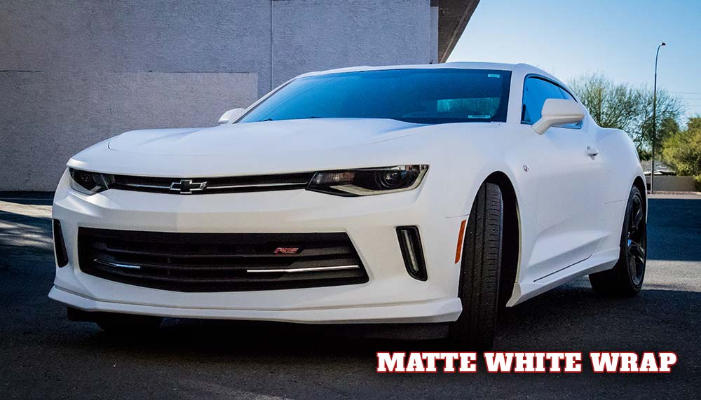 Camaro vehicle wrap in matte white.