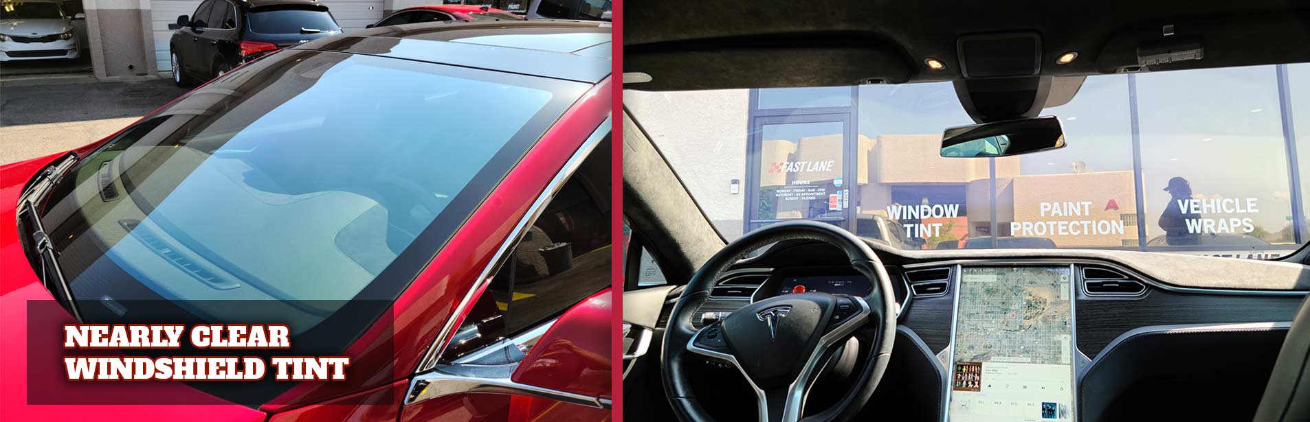 Demonstration of clear windshield tint on a Tesla