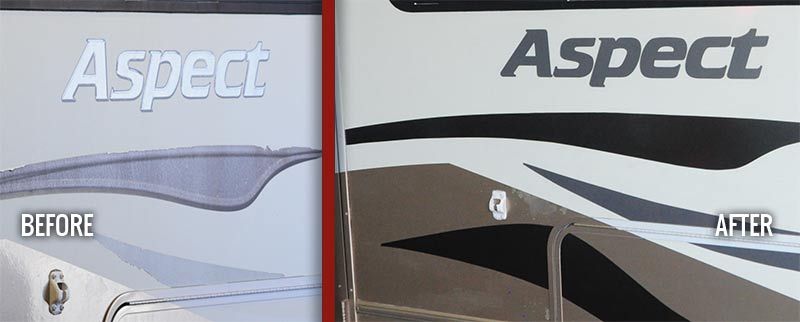 Assessing RV decal damage at our Phoenix Arizona shop.