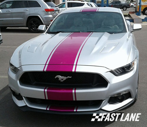 Red Ford Mustang with black vinyl stripe in Scottsdale