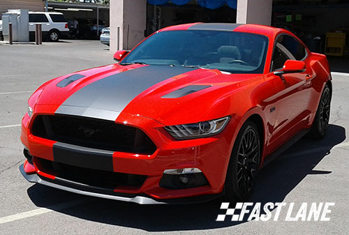 Red Ford Mustang with black vinyl stripe in Scottsdale