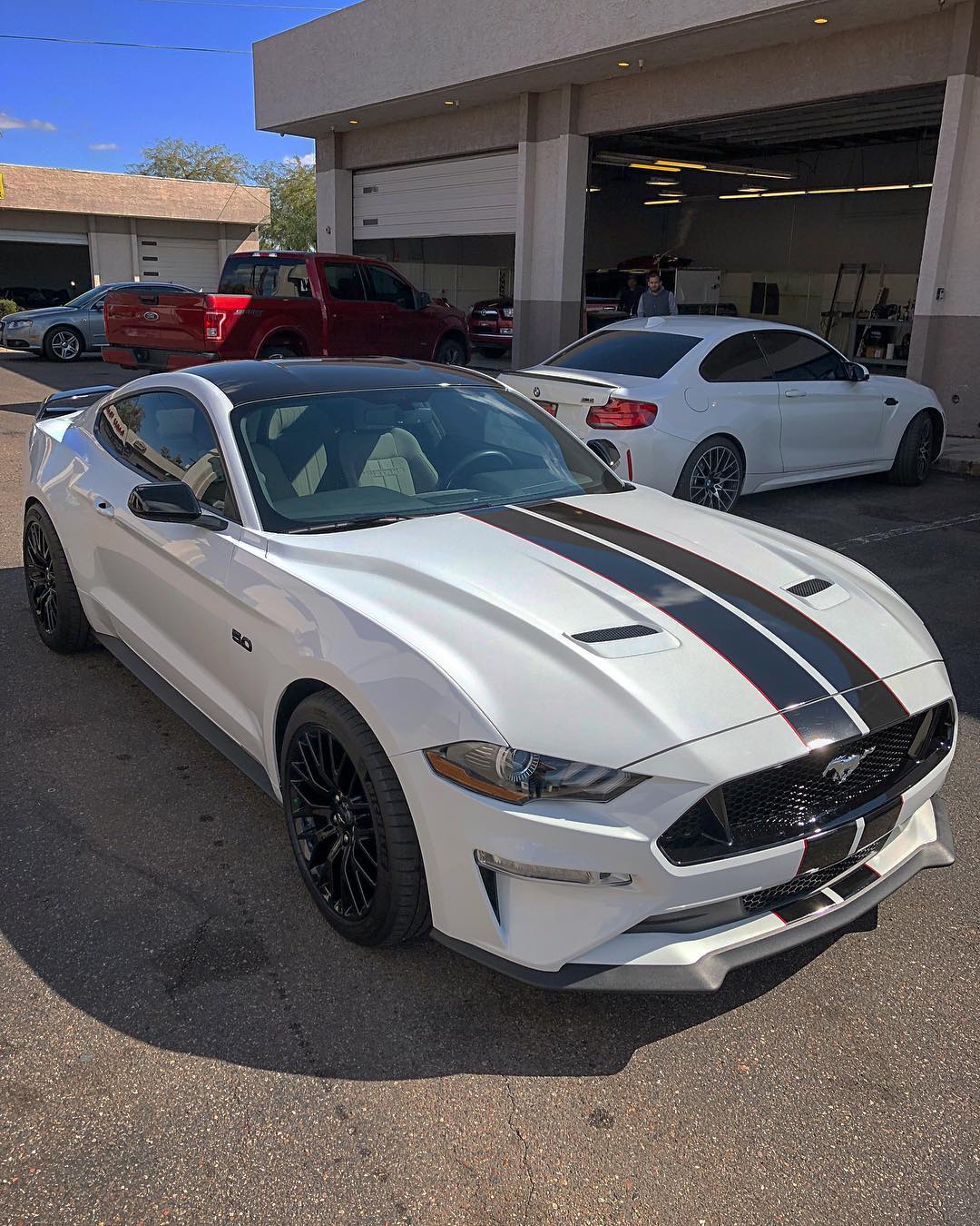 White Mustang with dual stripes